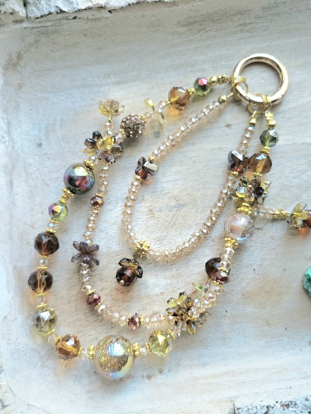 Trendy Phone or  Bag Charm Earthy Gold-Tone Iridescent & Amber Multi-Strand
